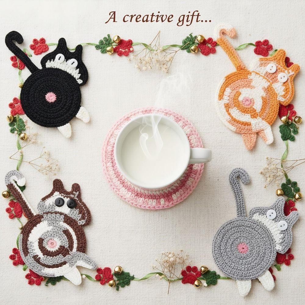 Cute Crochet Drink Mat Non-Slip Cute Cat Coasters Cat Butt Coasters Tea and Coffee
