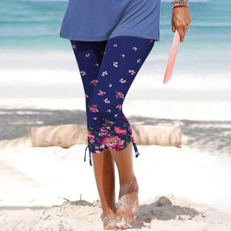 Women Casual Summer Cropped Trousers Elastic Waist Skinny Leggings Printed Cycling Shorts Vacation Pants