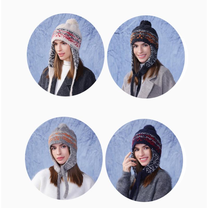 Zimowa czapka ochronna na uszy damska, odporna na zimno, ciepła czapka typu bomber, kolorowa, w paski, dzianinowa, wełniana czapka