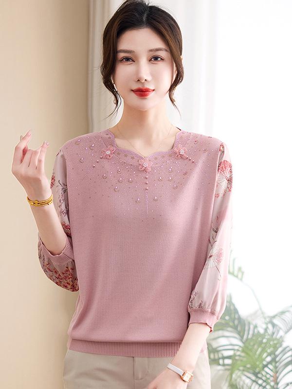

Elegant Knit Top with Gauze Sleeves for Women Aged 40-60 3XL (150-165 jin) розовый