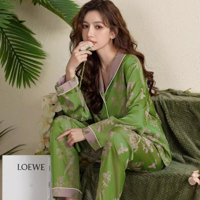 Summer High-End Green Fashion Lapel Pajamas Women'S Long-Sleeved Trousers Plant Flower Loungewear Set