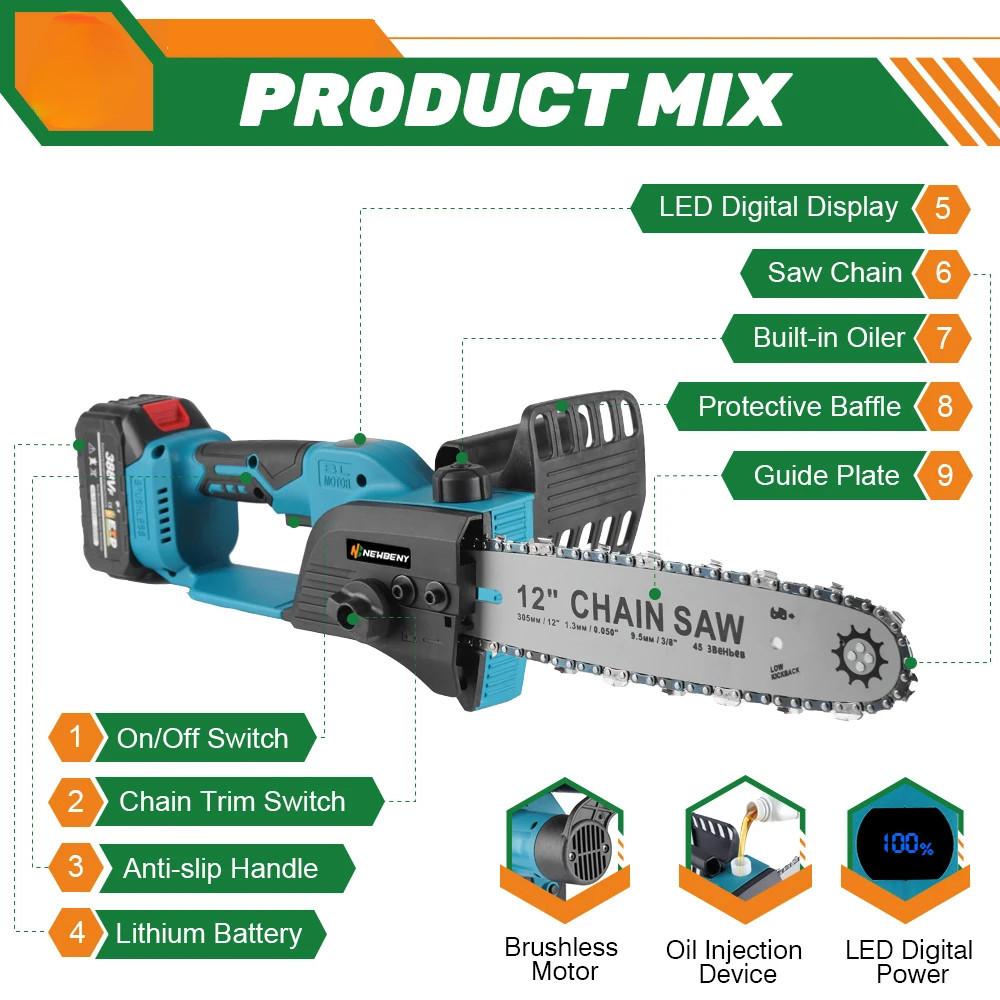 12 Inch Brushless Electric Saw with Oiler Cordless Portable Garden Cutting Tool Machine LED Digital Display High Battery Capacity Wood Saw