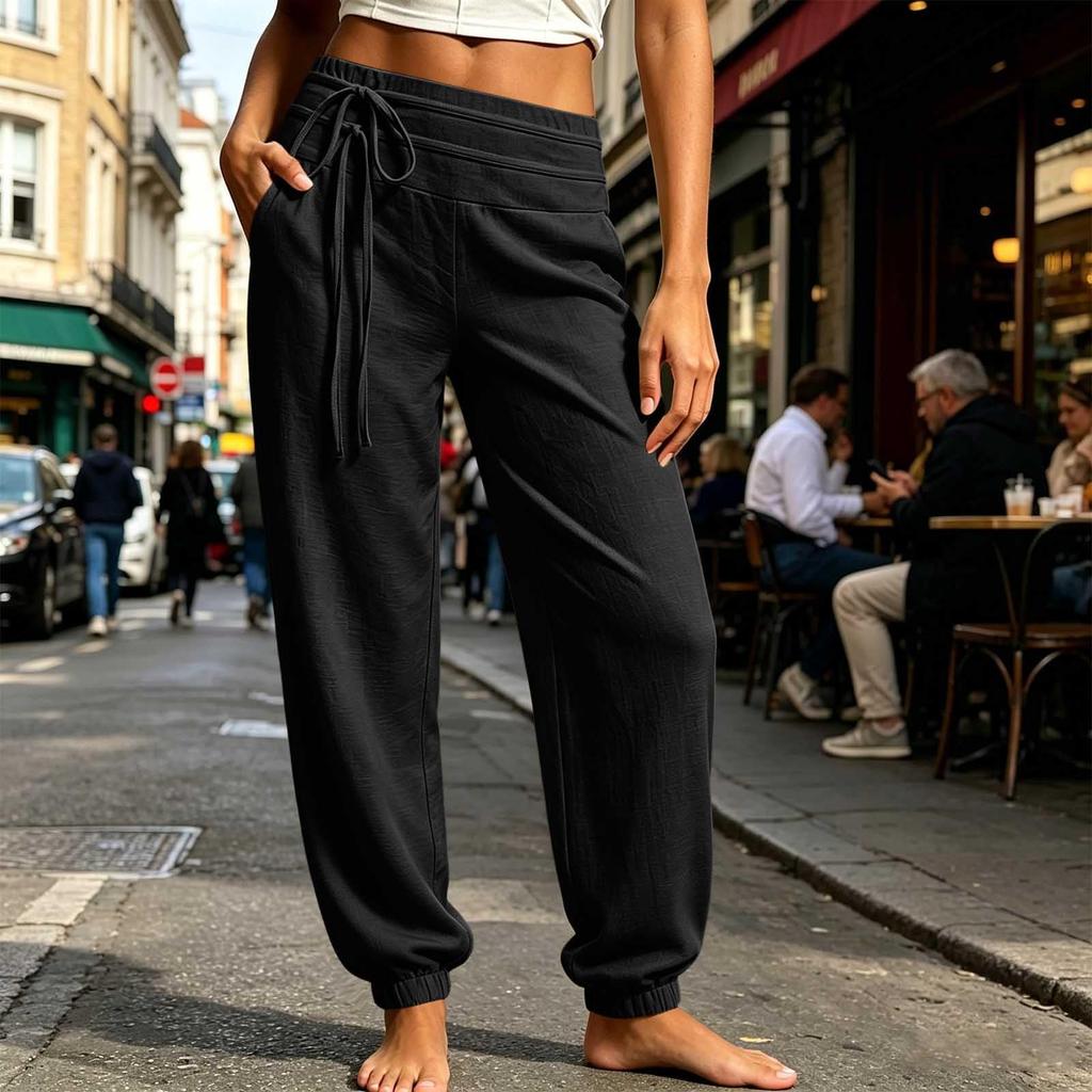 Women Casual Straight Leg Pants Elastic Waistband Drawstring Lightweight Comfortable Loose Fit Lounge Trousers