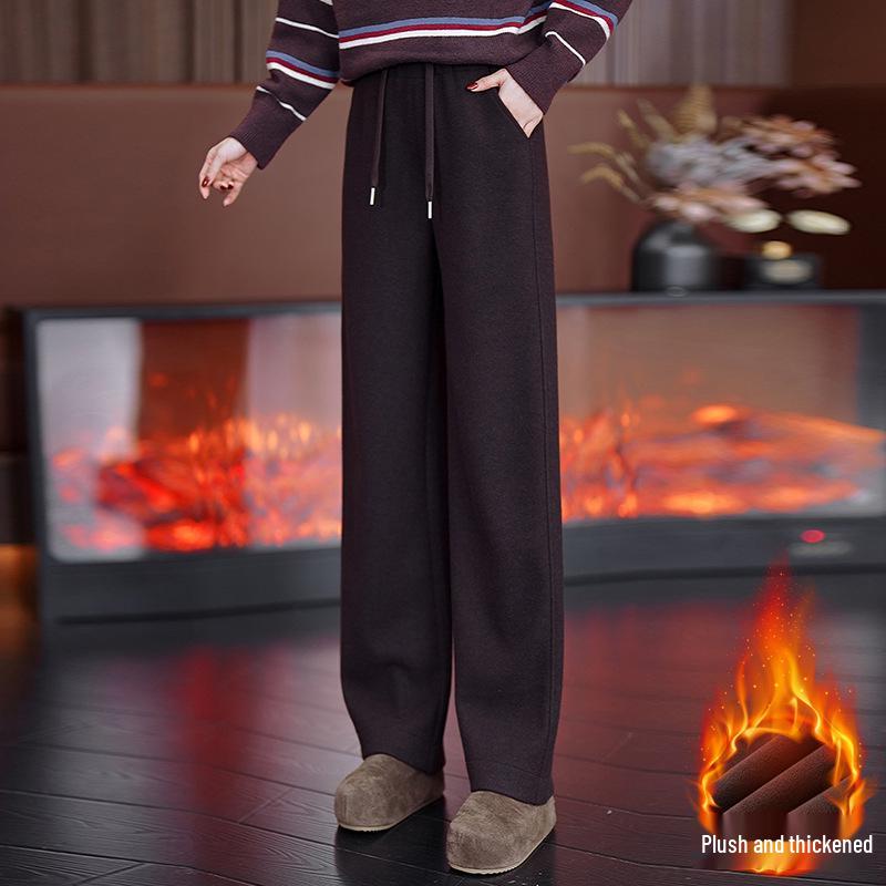 

2025 Women s Winter Brown Velvet High-Waist Drawstring Elastic Wide-Leg Pants 3XL 67.5-72.5 kg