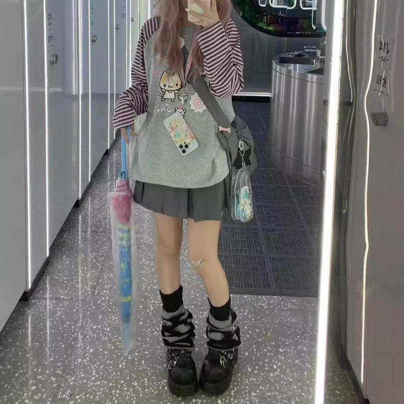 2KWEIRD Y2k Harajuku Kawaii Striped Hoodie Women Japanese Fashion Patchwork Cartoon Print Sweatshirt