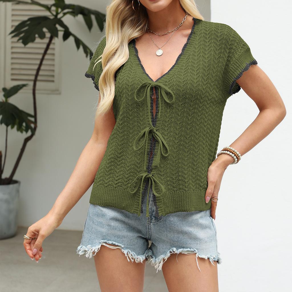 Damen Schnür-Cardigan Colorblock Mode Kurzarm Pullover Top