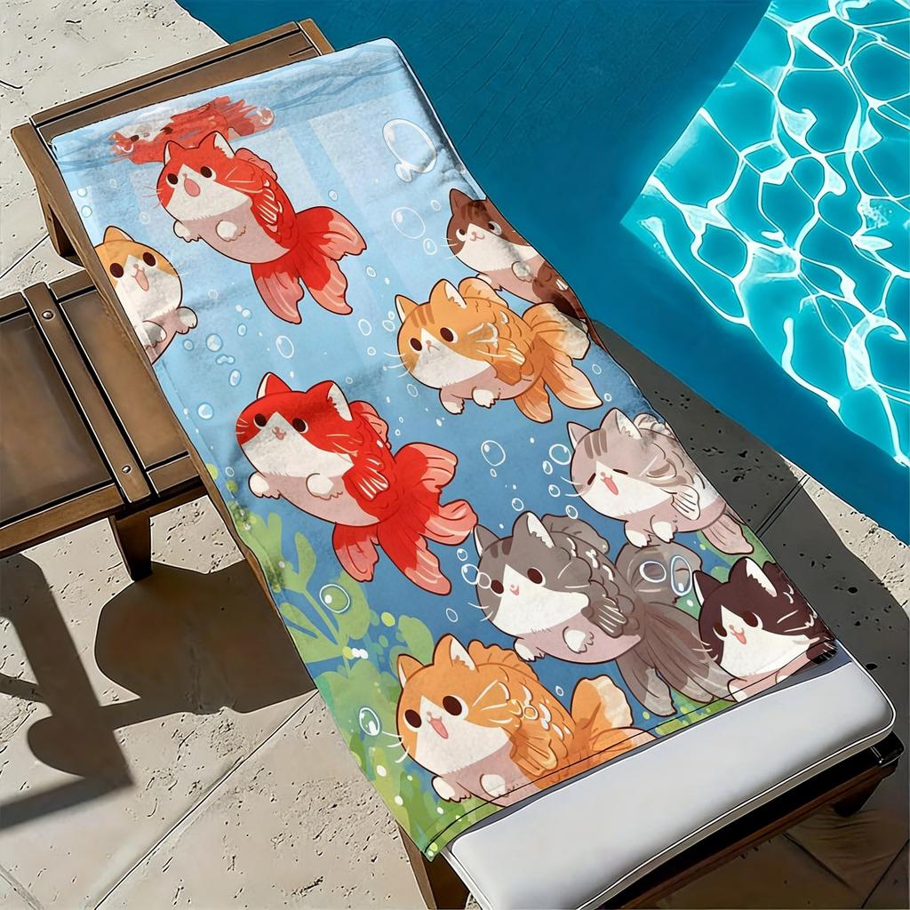 Cartoon cat and cute fish pattern polyester microfiber beach towel is highly absorbent, suitable for swimming and beach outings