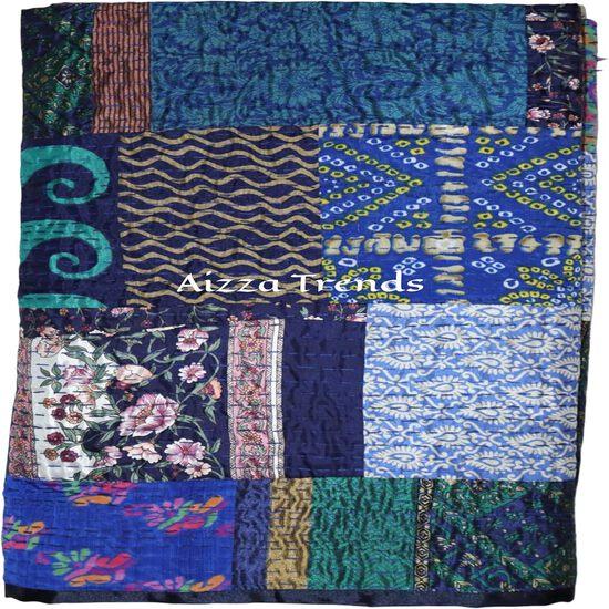 Aizza Trends Handmade Pure Cotton Patch and Patola Work Kantha Quilt - Traditional Indian Throw Blanket-Vintage Cotton Silk Saree Quilt