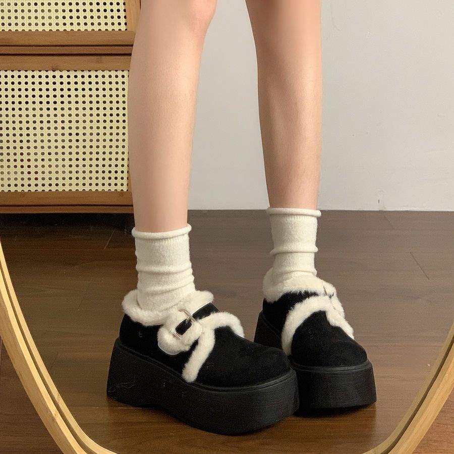 Fleece muffin thick-soled Birkenstock cotton shoes for women's winter wear 2025 new retro warm fluffy shoes