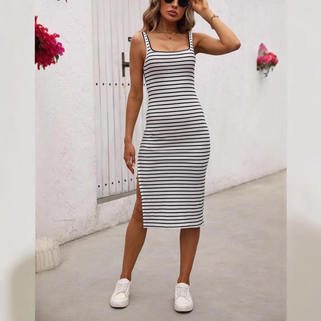

Женское полосатое трикотажное платье на подтяжках, летняя безрукавка, облегающая длинная юбка для отдыха на море, юбка для бедер XL