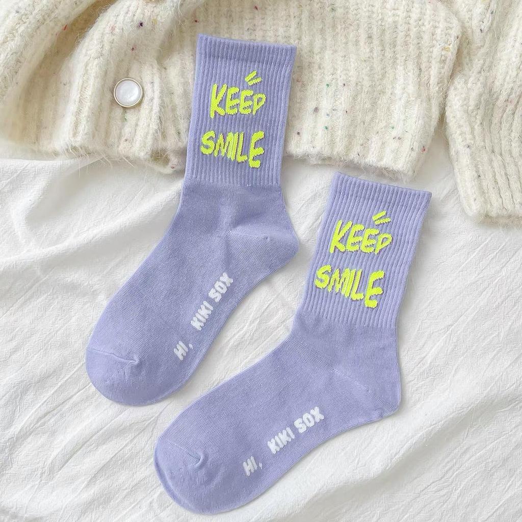 Women's Mid-Calf Socks: Trendy Spring/Summer Street Style – Comfortable, Breathable with Letter and Smiley Face Designs