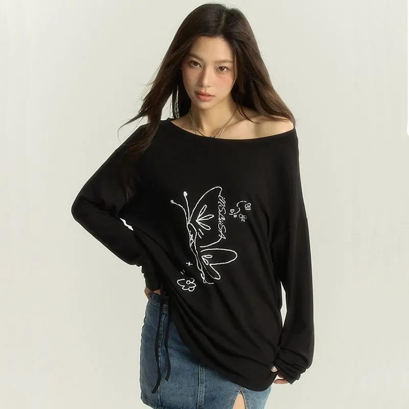 Autumn and Winter New Pure Desire Slanted Shoulder Hottie Pure Cotton Long-sleeved T-shirt Women's Loose Versatile Design Top