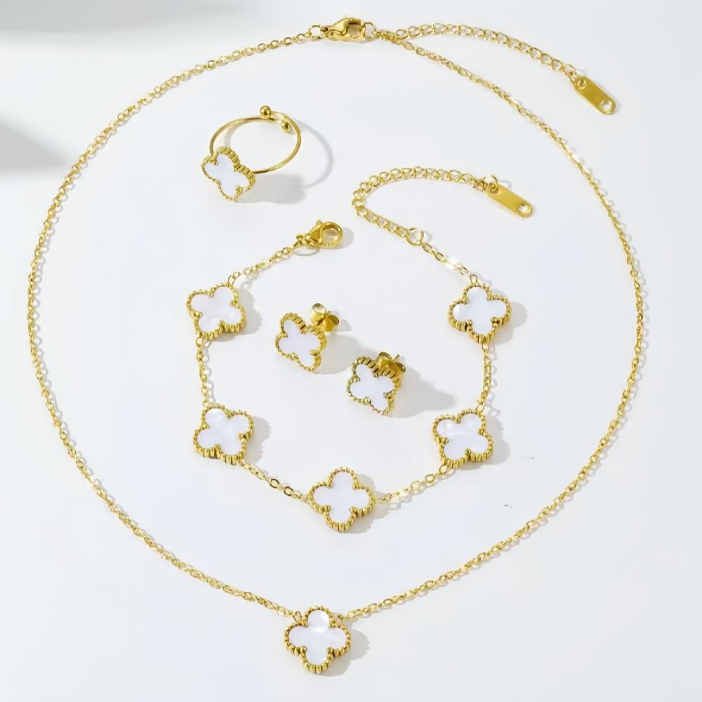 13mm Trendy Four-Leaf Clover Set Titanium Steel Necklace Earrings Bracelet and Ring Set