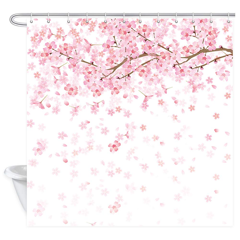 Tenda da Doccia Fiore di Ciliegio Tenda da Doccia Giapponese Floreale Fiore di Ciliegio Fiore di Prugno Decorazione Blu Verde Acqua e Rosa