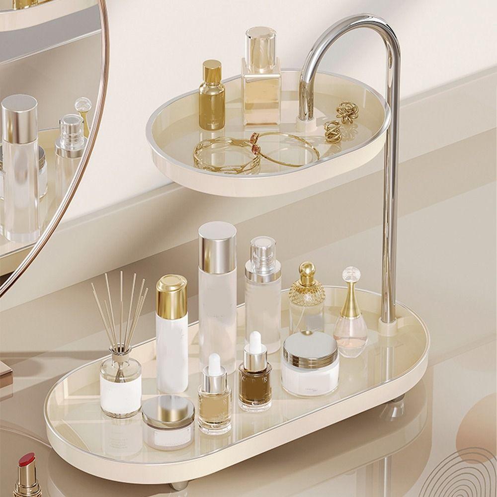 

Plastic 2 Layer Makeup Storage Rack Large Capacity Jewelry Display Stand Vanity Trays Living Room Beige-Style A