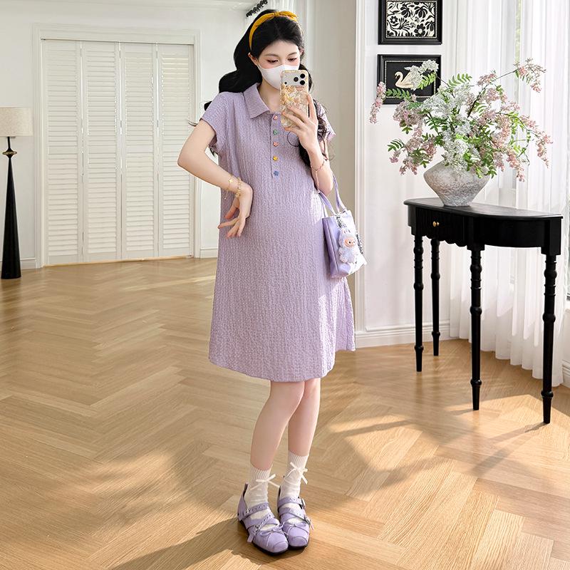 2026 Summer Petite Short Sleeve Ice Cool Lapel Slimming Mid-Length Maternity Dress L