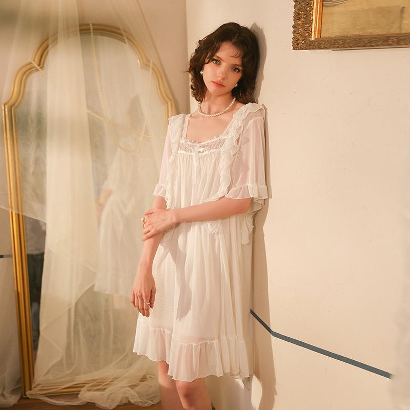 

Sweet Fairy Style Mesh Nightgown Lace Short Sleeve Midi Dress Summer Loungewear 963 Dreamy Lightweight Sleepwear Ideal for Warm Summer Nights L білий