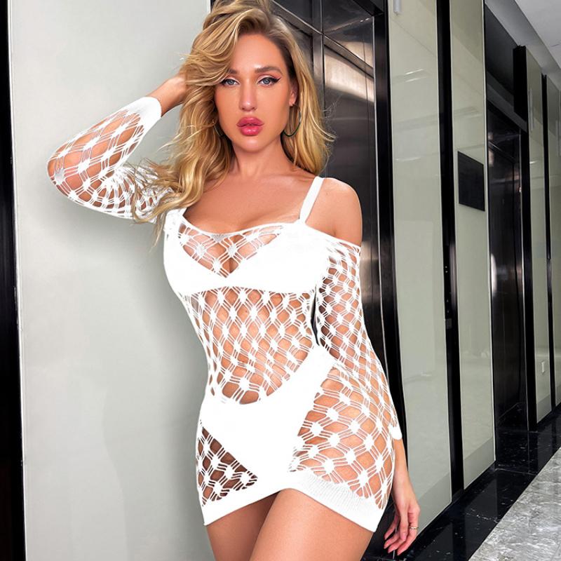 Women Nightgowns Dress Sexy Fishnet Hollow Off The Shoulder Long Sleeve Transparent Bodycon Dresses See Through Fishnets Tights