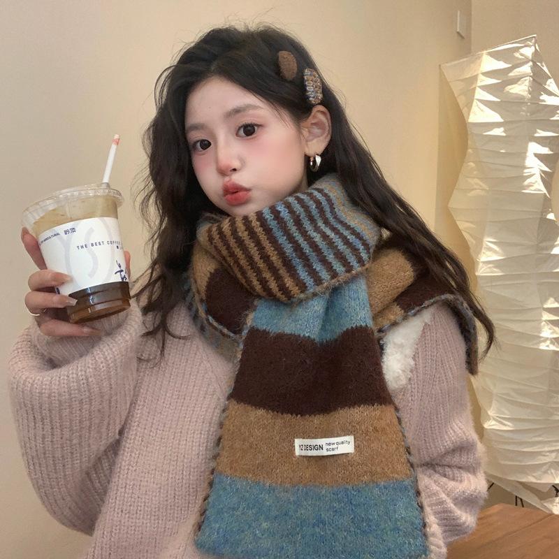 Color-Block Striped Knitted Wool Scarf Korean Style Women's Autumn Winter Versatile Thickened Warm Neck Warmer