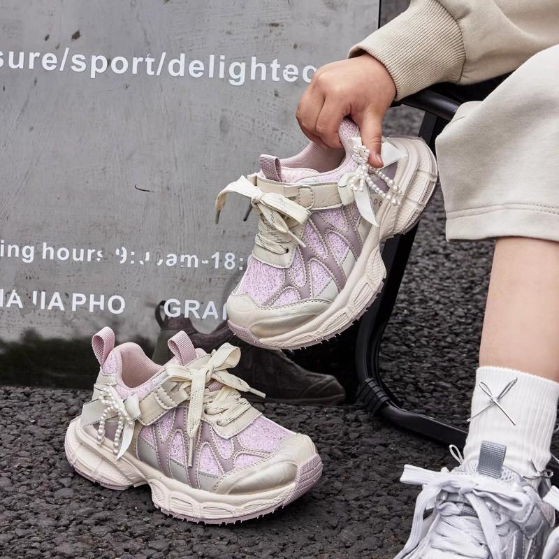Youth Style Shoes Girls Chunky Sneakers Breathable Mesh Upper Rubber Sole Velcro Fall Casual Sport Shoes