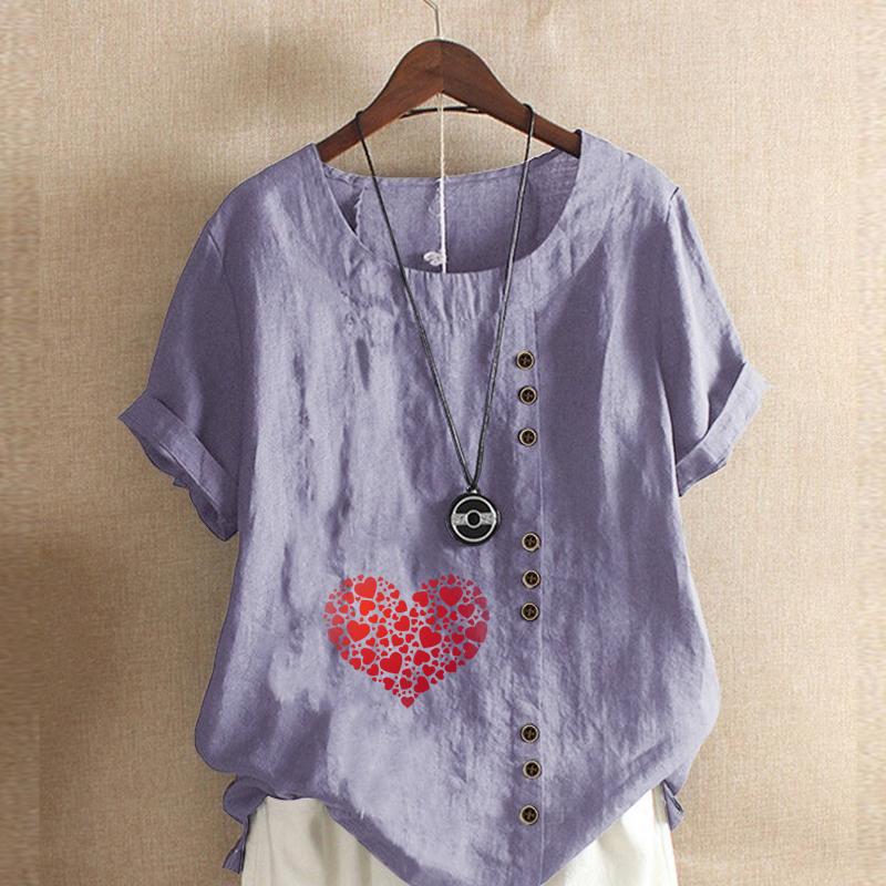 Women's Fashion Round Neck Short Sleeve T-shirt Casual Cotton Linen Graphic Shirt Leisure Loose Heart-shaped Prined Summer Blouse Tops
