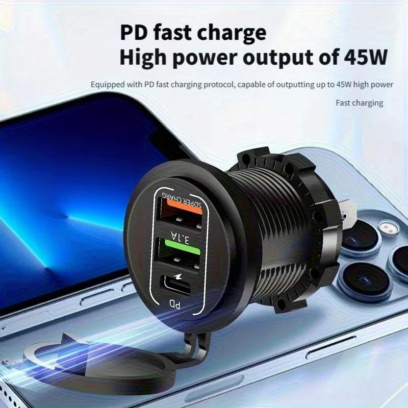 83W Max Phone Charger Socket 45W PD+QC3.0 Fast Charging Adapter Waterproof For 12/24V Car Boat Motorcycle with LED Voltmeter