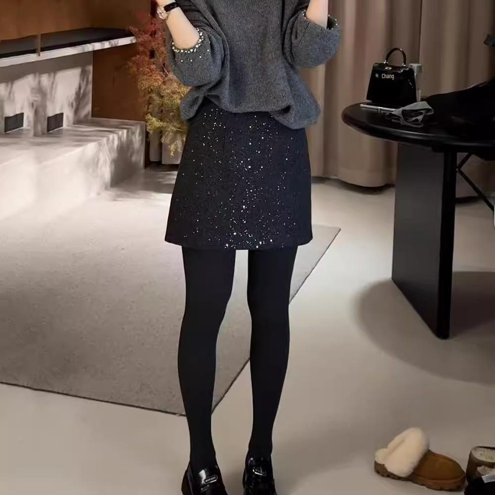 

2024 Autumn/Winter High-Waist Woolen A-line Midi Skirt for Petite Women XL
