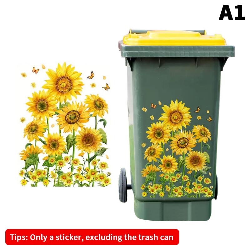 Sunflower Trash Can Stickers Floral Wheel Trash Can Stickers Self-Adhesive Waterproof Pvc Decals For Walls Bathroom Home Decor