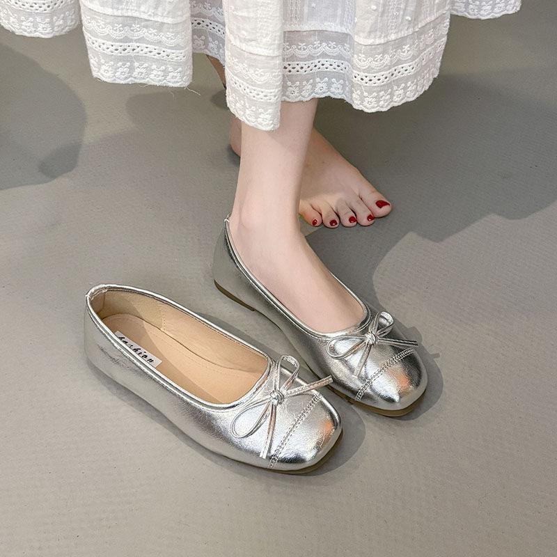 French bow round head ballet shoes fairy shoes flat gentle evening shoes summer new women's small single shoes