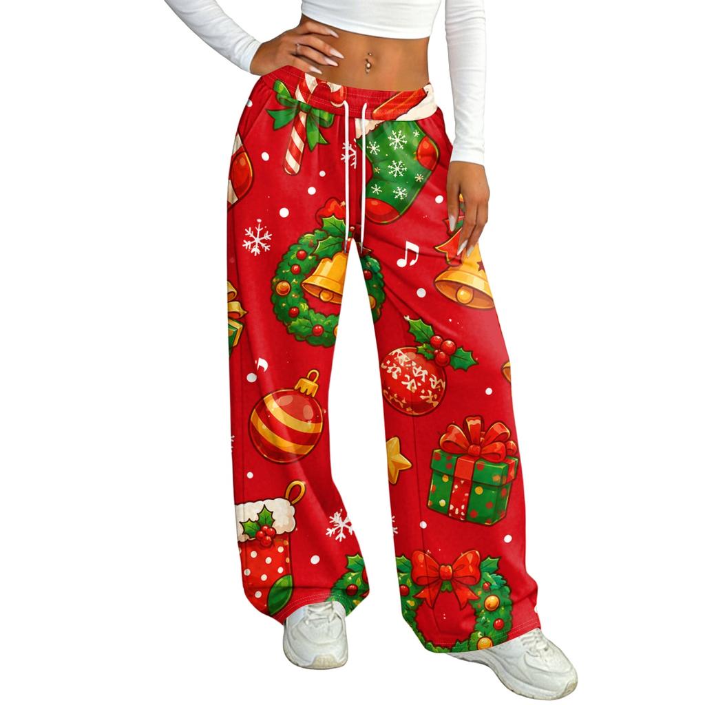 Women's Casual Christmas Print -Lined Loose Fit Straight Leg Pants with and Elastic Waistband