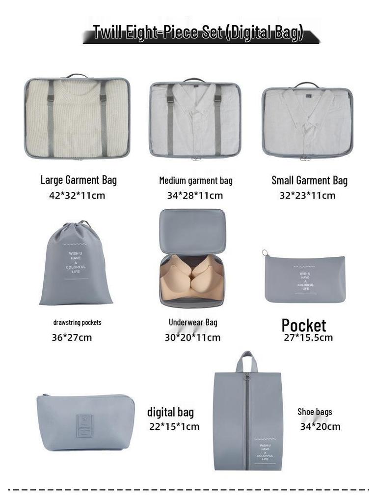 Eight-Piece Waterproof Travel Storage Bag Set for Business Trips - Large Capacity