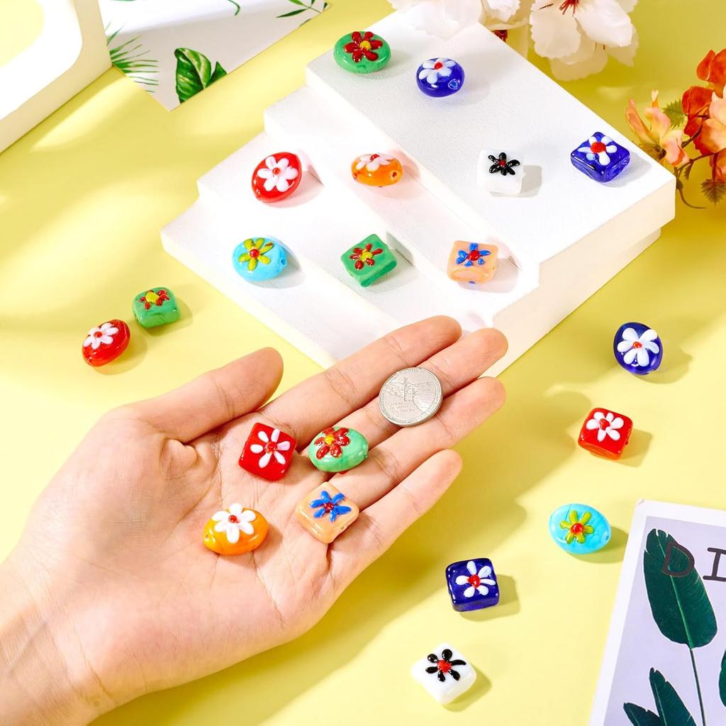 20 Stück Oval Quadratisch Blumenmuster Handgefertigt Lampwork Perlen Bunt Millefiori Lampwork Glasperlen Niedlich Floral Flach Oval Würfel Abstandsperlen für DIY