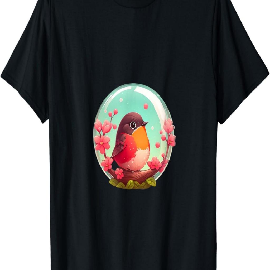 Elegant and Romantic Red Robin Orb Cherry Blossom T-Shirt
