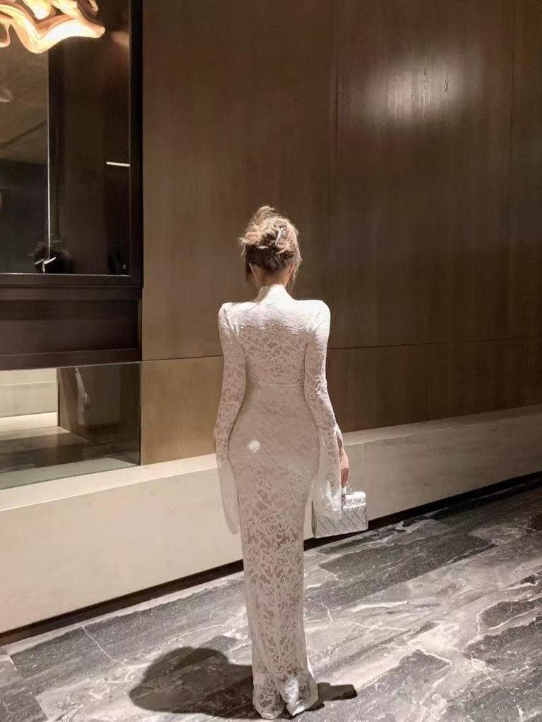 Red Slim Fit Long Sleeve Lace Dress - Spring/Summer Waist-Cinched Evening Gown with French Royal Elegance