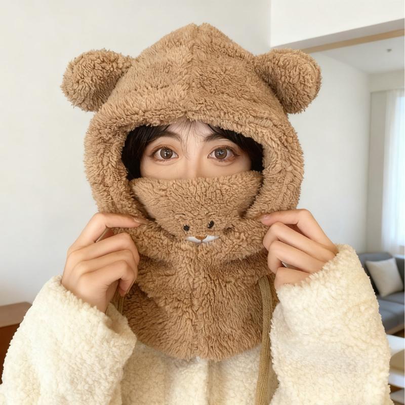Adorable Animal Plush Hat Scarf One Piece Set for Women Korean Style Winter Fashion with Cozy Fleece Hooded Mask for Outdoors