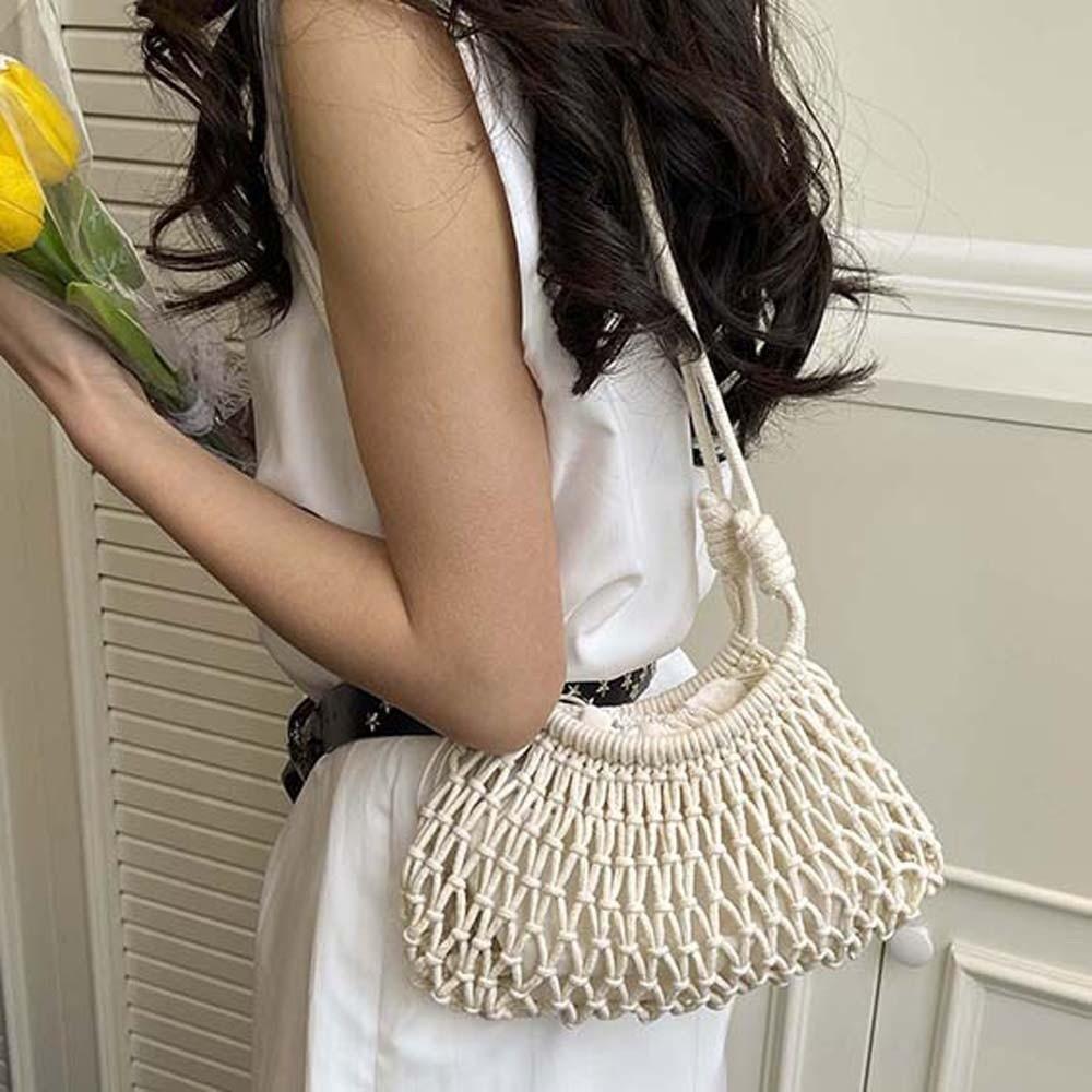 Net Pouch Yarn Woven Crossbody Bag Large Capacity Hollow Fishnet Bag Crochet Shoulder Pouch Female