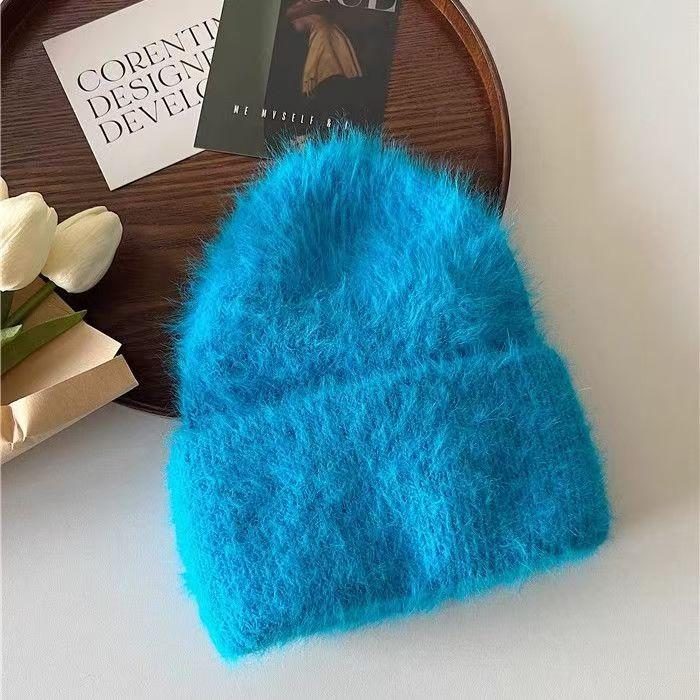 Women Winter Soft Faux Mink Fur Knitted Beanie, Japanese & Korean Style Warm Thick Cashmere-Like Rolled Edge Hat, Cozy Fluffy Purple Knit Cap