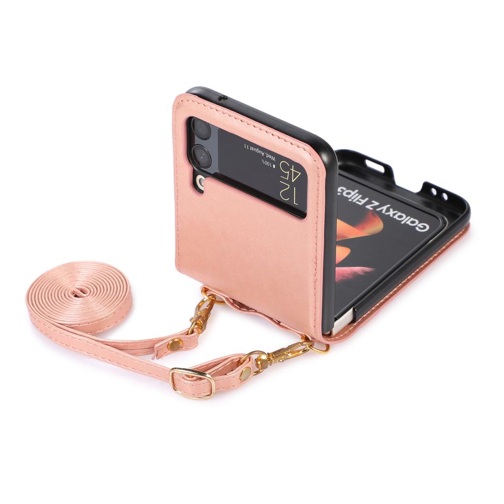 New Model Is Suitable for Samsung Z Flip6 Mobile Phone Case Folding Flip5 Crossbody Mobile Phone Leather Case Card Protection Case