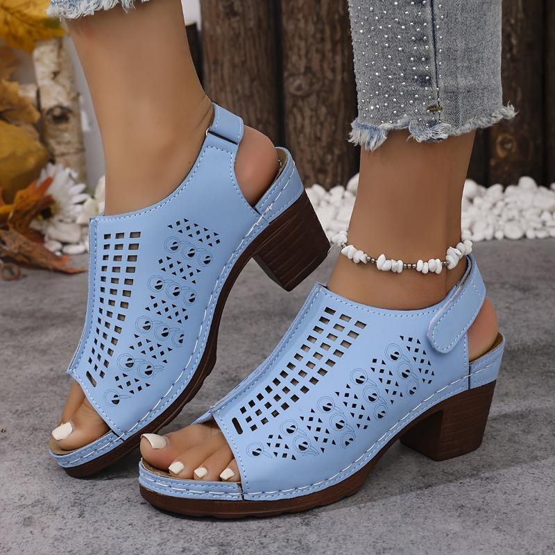 Moda de Verão Feminina Salto Alto, Sandálias de Tamanho Grande Cor Sólida Bico Aberto, Sapatos com Tira Traseira Ajustável e Design Escavado