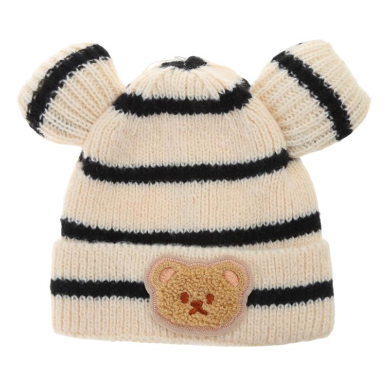 

Striped Knit Baby Beanie Cartoon Bear Infant Warm Cap Cosy Breathable Winter Bonnet Hat for Indoor and Outdoor Use бежевий