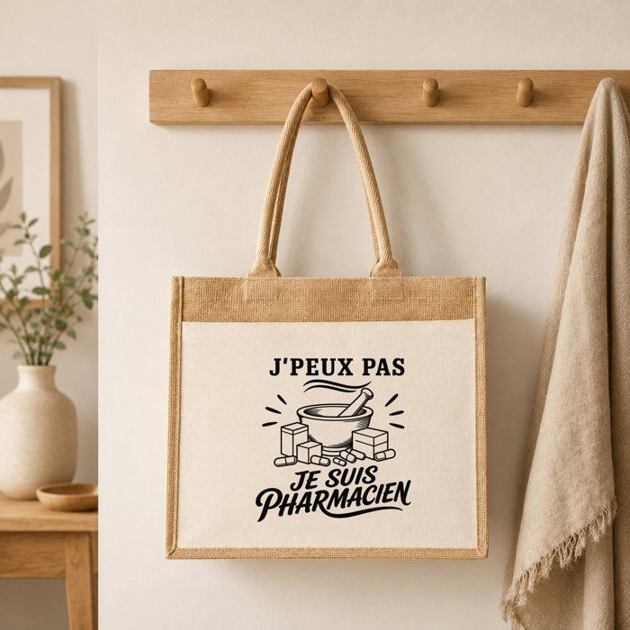 Sac Cabas Jute avec Poche J’peux pas je suis Pharmacien J'peux pas minimaliste | Toile de Jute et Coton 21 L Fond Plat Anses 65 cm