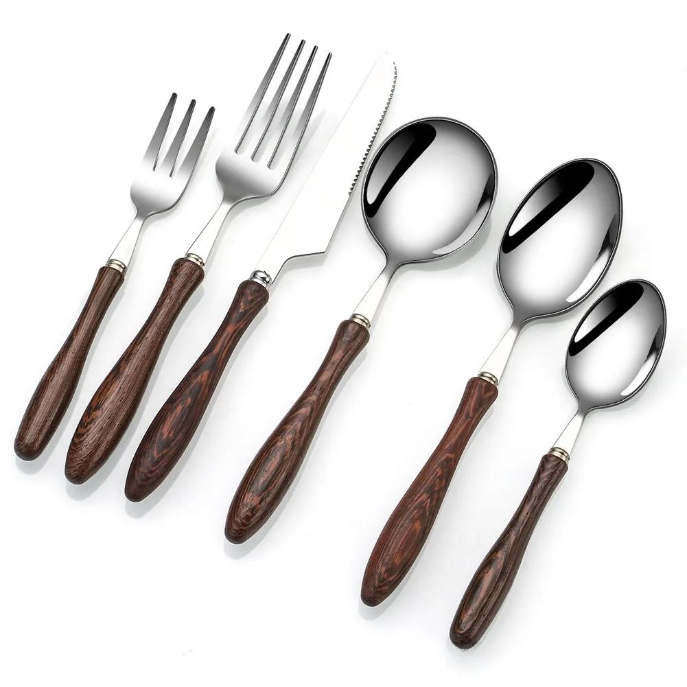 4/6 Pcs Stainless Steel Tableware-Utensil, Fork, And Spoon Set Wooden Handle Cutlery For Steak Dining Kitchen Flatware Sets