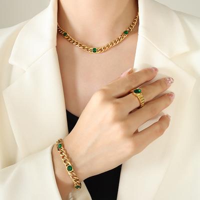 Σετ κοσμημάτων κολιέ βραχιόλι με λευκό-πράσινο ζιργκόν, απλό τσόκερ από ατσάλι τιτανίου, επίχρυση αλυσίδα