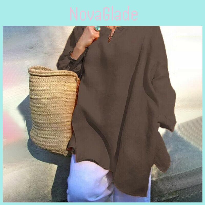 Plus Size Womens Casual Baggy Long Sleeve T-shirt Breathable Summer Beach Tunic Blouse Tops For Everyday Wear