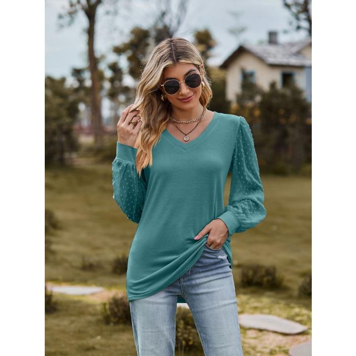 Jarní a podzimní dámská halenka Tričko s dlouhým rukávem Jednobarevné Výstřih do V Jednoduché Topy ze síťoviny