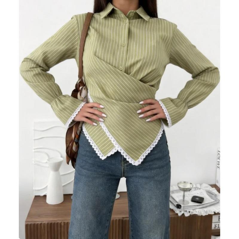 Women S Striped Long Sleeve Shirt Cross Design Elegant Blouse