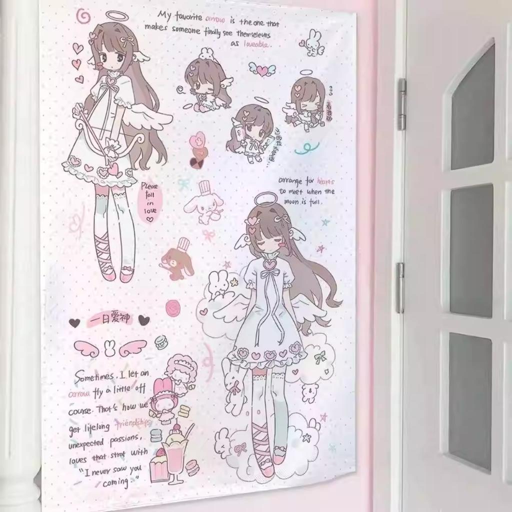 Kawaii Cupid Angel Anime Girls Tapestry Cute Line Art Sweet Wall Hanging Pink Girly Aesthetic Background Cloth for Bedroom Dorm