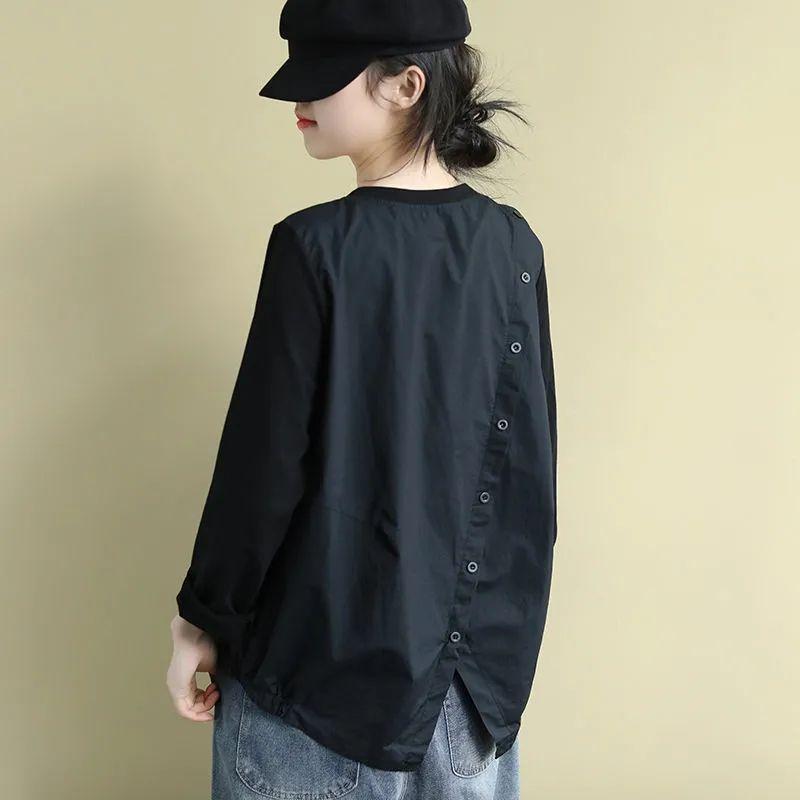 

Женские корейские пуловеры на весну-осень, новые, с контрастной вставкой, с круглым вырезом, с задним карманом, модные, однотонные, свободные, повседневные, с длинными рукавами XL чёрный