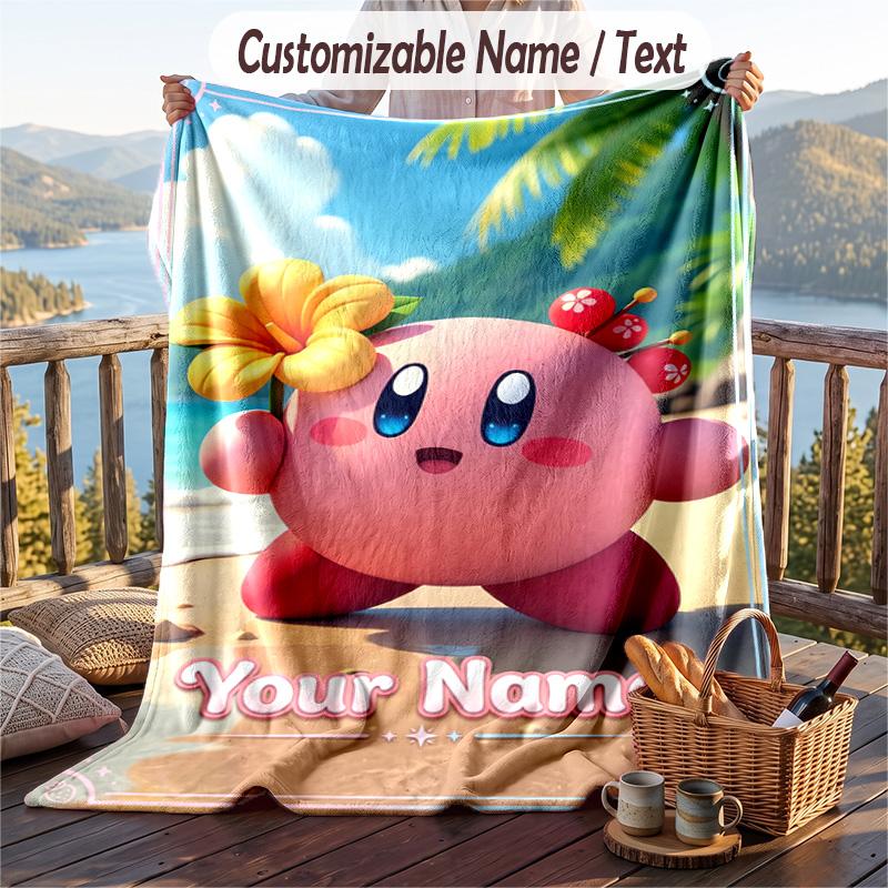 Kirby Flannel Blanket, Personalized Custom Name Text, Soft Warm Plush Throw Blanket For Gift