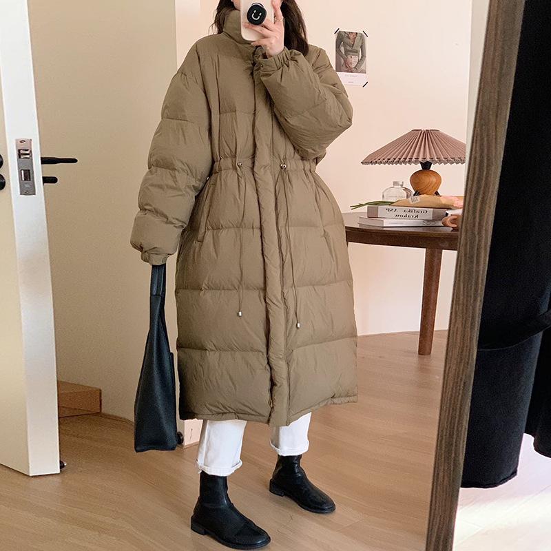 Knee-length big quilt down jacket women's 2024 winter thickened waist drawstring bread jacket